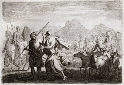 Biblia de Royaumont, Antiguo Testamento: Llamada de Abraham. Dios llama a Abraham y le ordena dejar la tierra de los caldeos para ir a una tierra que le prometió darle. Ilustración de 1811. de Unknown artist