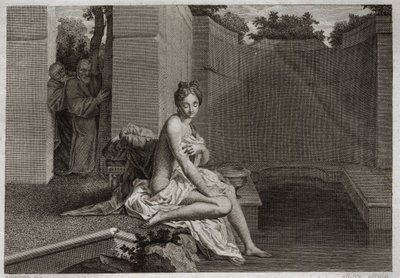 Biblia de Royaumont, Antiguo Testamento: Castidad de Susana. Dos ancianos, jueces del pueblo, intentan corromper la castidad de Susana, mientras ella estaba sola en su jardín y tomando un baño. Ilustración de 1811. de Unknown artist