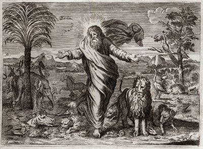 Biblia de Royaumont, Antiguo Testamento: Creación del Mundo. Dios saca del vacío el Cielo y la Tierra, y en seis días lo adorna y lo llena de criaturas de todo tipo. Ilustración de 1811. de Unknown artist