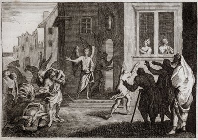 Biblia de Royaumont, Antiguo Testamento: Crímenes de los sodomitas. Lot recibe a los ángeles en su casa. Los sodomitas (Sodoma) quieren violentarlos. Los ángeles los golpean con ceguera. Ilustración de 1811. de Unknown artist