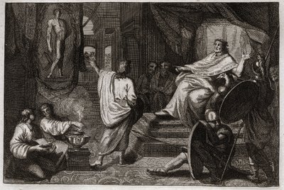 Biblia de Royaumont, Antiguo Testamento: Daniel profeta. El profeta Daniel revela al rey Nabucodonosor II un sueño que tuvo y le explica su significado. Ilustración de 1811 de Unknown artist