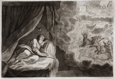 Biblia de Royaumont, Antiguo Testamento: Visión de Daniel de las cuatro monarquías de asirios, persas, griegos y romanos. Ven cuatro monstruos: Haniel, Kafziel, Azriel, Aniel. Ilustración de 1811. de Unknown artist