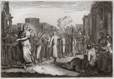 Biblia de Royaumont, Antiguo Testamento: David baila ante el Arca del Pacto. David, habiendo resuelto por segunda vez llevar el Arca a su casa, la hace llevar y acompañar por levitas, para evitar un accidente similar al de Oza. Está bailando frente a ella. de Unknown artist
