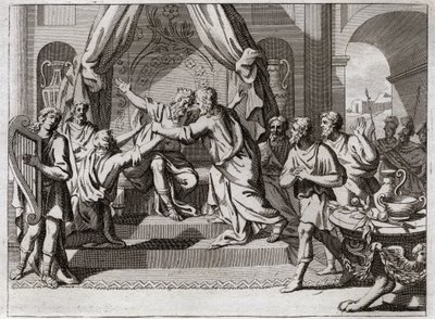 Biblia de Royaumont, Antiguo Testamento: David toca el arpa. Saúl, rechazado por Dios, es poseído por el espíritu maligno. Buscan a un hombre que sepa tocar el arpa, para aliviarlo en su mal. Ilustración de 1811 de Unknown artist