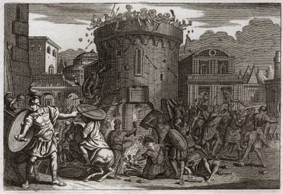 Biblia de Royaumont, Antiguo Testamento: Muerte de Abimelec. Abimelec es asesinado por una mujer que lo aplasta con una piedra en el sitio de Tebetz. Ilustración de 1811. de Unknown artist