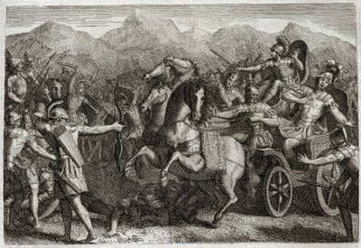 Biblia de Royaumont, Antiguo Testamento: Muerte de Acab. Acab hizo la guerra contra Siria y fue asesinado con una flecha al azar. Ilustración de 1811 de Unknown artist