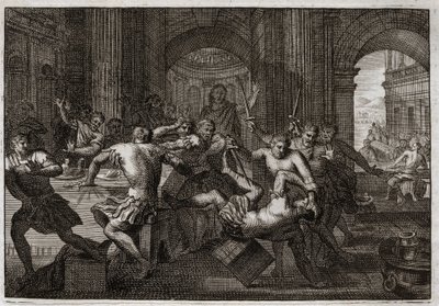 Biblia de Royaumont, Antiguo Testamento: Muerte de Amnón. Absalón (o Avshalom, Absalón) reconciliado con David hace que su hermano Amnón (Amón) huya a una fiesta. David se ve obligado a huir de Jerusalén y sufre esta persecución con maravillosa paciencia.  de Unknown artist