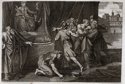 Biblia de Royaumont, Antiguo Testamento: Muerte de Eleazar. El viejo santo Eleazar fue asesinado por orden de Antíoco IV Epífanes (175-164 a.C.), porque no quiso fingir comer carnes prohibidas. Ilustración de 1811. de Unknown artist