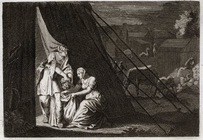Biblia de Royaumont, Antiguo Testamento: Muerte de Holofernes. Judit corta la cabeza de Holofernes, asistida por su criada Abra, y embriaga a Betulia. Ilustración de 1811. de Unknown artist
