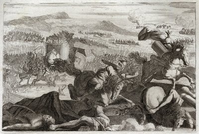 Biblia de Royaumont, Antiguo Testamento: Muerte de Judas. Derrota de Demetrio I Sóter y Nicanor. Muerte de Judas Macabeo en batalla. Ilustración de 1811 de Unknown artist