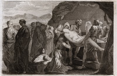 Biblia de Royaumont, Antiguo Testamento: Muerte de Sara. Sara (Sarah) muere. Abraham compra una sepultura en la ciudad de Geth para enterrarla. Ilustración de 1811. de Unknown artist