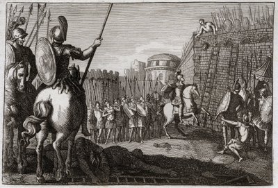 Biblia de Royaumont, Antiguo Testamento: Muerte de Seba. Y Seba se levantó contra David, y se llevó las diez tribus tras él, y Joab lo persiguió en Abela, donde su cabeza fue cortada por el consejo de una mujer. Ilustración de 1811. de Unknown artist