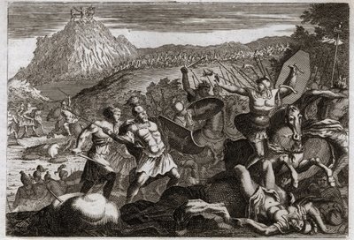 Biblia de Royaumont, Antiguo Testamento: Derrota de Amalec (Amalek). Moisés obtuvo la victoria sobre los amalecitas, manteniendo sus manos en alto hacia el cielo. Ilustración de 1811. de Unknown artist
