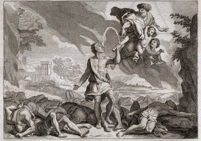 Biblia de Royaumont, Antiguo Testamento: Derrota de los filisteos. Sansón mata a mil filisteos con la quijada de un burro. Dios hace brotar agua de la quijada para que Sansón pueda saciar su sed. Ilustración de 1811. de Unknown artist