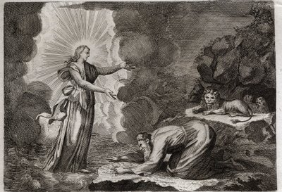 Biblia de Royaumont, Antiguo Testamento: Liberación de Daniel. Daniel, en el foso de los leones, es milagrosamente alimentado. Ilustración de 1811. de Unknown artist
