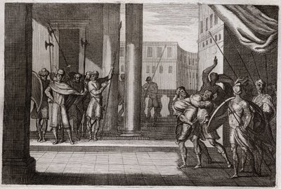 Biblia de Royaumont, Antiguo Testamento: Dina salió por curiosidad a ver a las mujeres de Siquem, y el rey de esa ciudad la violó, sus hermanos se vengaron y mataron a todo el pueblo de Siquem con el rey. Ilustración de 1811 de Unknown artist
