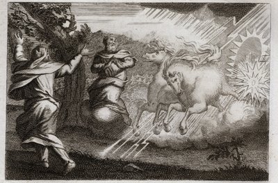 Biblia de Royaumont, Antiguo Testamento: Elías es llevado al cielo. Elías es llevado al cielo en un carro de fuego en presencia de su discípulo. Eliseo recibe de él su doble espíritu: divide las aguas del Jordán con el manto de Elías. Ilustración. de Unknown artist