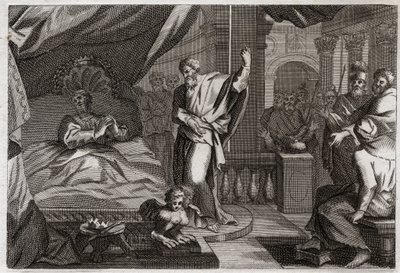 Biblia de Royaumont, Antiguo Testamento: Ezequías recibe salud. El rey Ezequías, enfermo de muerte, recibe salud y otros quince años de vida. El profeta Isaías anuncia su guerra: la señal será retroceder la sombra del reloj diez grados. de Unknown artist