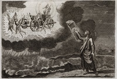 Biblia de Royaumont, Antiguo Testamento: Ezequiel profeta. El santo profeta tuvo una visión donde el Señor se le apareció en un carro, llevado por cuatro querubines (tetramorfos). Ilustración de 1811. de Unknown artist