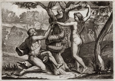 Biblia de Royaumont, Antiguo Testamento: La Caída de Adán. El Demonio bajo la forma de una serpiente habla con Eva y la tienta a comer el fruto prohibido: Eva cae y también hace caer a Adán. Ilustración de 1811. de Unknown artist