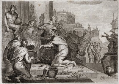 Biblia de Royaumont, Antiguo Testamento: Caída de Salomón. Salomón es corrompido por mujeres y ofrece incienso a los ídolos de los falsos dioses. Su muerte. Ilustración de 1811 de Unknown artist