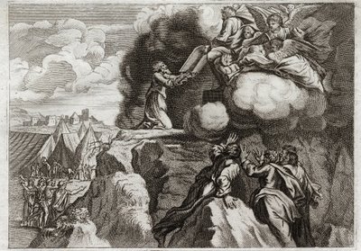 Biblia de Royaumont, Antiguo Testamento: Primeras Tablas de la Ley. Dios da la Ley a su pueblo en el Monte Sinaí. Moisés recibe los 10 Mandamientos de las manos de Dios. Ilustración de 1811. de Unknown artist