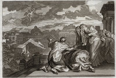 Biblia de Royaumont, Antiguo Testamento: Plaga de la Peste. Y David, habiendo hecho el censo de todo su pueblo por un movimiento de vanidad, Dios aflige su reino con una peste que se lleva a setenta mil hombres en tres días. Ilustración de 1811. de Unknown artist