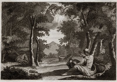 Biblia de Royaumont, Antiguo Testamento: Huida de Agar. Agar (Hagar) se levanta y cuenta a Sara (Sarah) su ama. Sara reprende su insolencia con severidad. Agar no puede soportarlo y huye de la casa al desierto, donde un ángel le habla para que regrese con  de Unknown artist