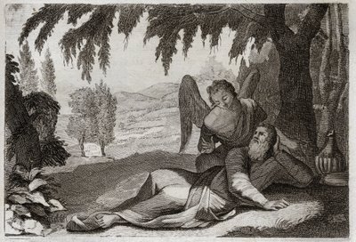 Biblia de Royaumont, Antiguo Testamento: Huida de Elías. Elías huyendo de la ira de Jezabel, quien quería vengarse de él por la muerte de sus falsos profetas, es apoyado en el desierto por un Ángel que le trae comida. Ilustración de 1811. de Unknown artist