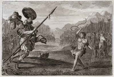 Biblia de Royaumont, Antiguo Testamento: Gigante Goliat. Goliat, filisteo de prodigiosa grandeza, es derrotado por David, armado solo con una honda y un palo. Ilustración de 1811 de Unknown artist
