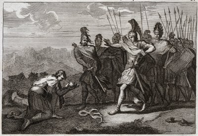 Biblia de Royaumont, Antiguo Testamento: Cabeza de Saúl. Los filisteos disfrutan de la muerte de Saúl y ofrecen su cabeza a su ídolo. David lamenta la muerte y va a Judea, donde es reconocido como rey en Hebrón. Ilustración de 1811 de Unknown artist