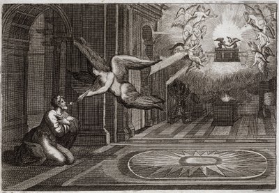 Biblia de Royaumont, Antiguo Testamento: Isaías profeta. Un serafín tomó con sus tenazas un carbón ardiente que estaba en el altar, y tocó los labios de este santo profeta, para purificarlo de todas sus manchas. Ilustración de 1811. de Unknown artist