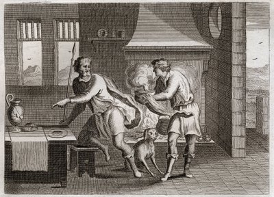 Biblia de Royaumont, Antiguo Testamento: Jacob y Esaú. Esaú vende su primogenitura a su hermano Jacob por unas lentejas. Ilustración de 1811. de Unknown artist