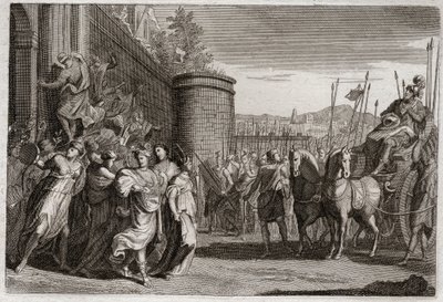 Biblia de Royaumont, Antiguo Testamento: Jefté sacrifica a su hija. Jefté, uno de los jueces de Israel, prometió sacrificar a Dios a la primera persona que viniera a él después de su victoria contra los amonitas. Fue su hija. Ilustración de 1811. de Unknown artist