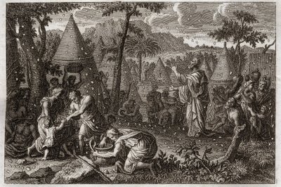 Biblia de Royaumont, Antiguo Testamento: Judíos en el desierto (o la recolección del maná). Dios hace caer maná del cielo durante cuarenta años. Ilustración de 1811. de Unknown artist