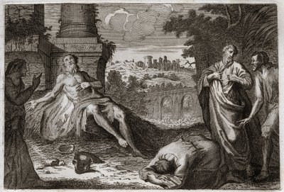 Biblia de Royaumont, Antiguo Testamento: Job en el estiércol. El santo Job es tentado por el demonio que le quita todos sus bienes y todos sus hijos, y lo golpea con una terrible herida, dejándole solo a su esposa para que lo lleve con impaciencia. Ilustra de Unknown artist