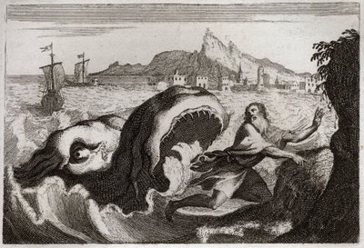 Biblia de Royaumont, Antiguo Testamento: Jonás en la ballena. El profeta Jonás vive en una ballena y sale vivo. Ilustración de 1811. de Unknown artist