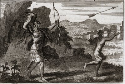 Biblia de Royaumont, Antiguo Testamento: Jonatán y David. Y cuando Jonatán vio la amargura de su padre, Saúl lo advirtió para que se retirara. Ilustración de 1811 de Unknown artist