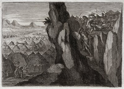 Biblia de Royaumont, Antiguo Testamento: Jonatán y su escudero. Jonatán, el hijo del rey Saúl, va solo con su escudero al campamento de los filisteos y los pone en fuga. Ilustración de 1811 de Unknown artist