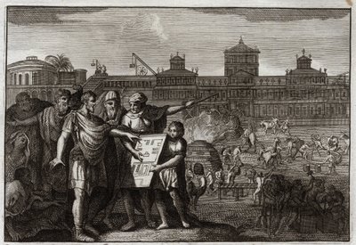 Biblia de Royaumont, Antiguo Testamento: Rey Ciro. Ciro II el Grande, rey de Persia, y desde Babilonia, habiendo sabido que se había predicho por los profetas que sería él quien reconstruiría el Templo de Jerusalén, da poder a todos los judíos. Ilustración de Unknown artist