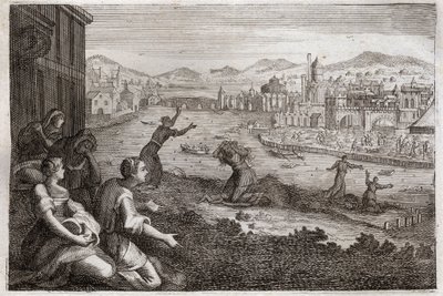 Biblia de Royaumont, Antiguo Testamento: Parteras de Egipto. El faraón hace que los niños varones de los israelitas sean arrojados al Nilo. Ilustración de 1811. de Unknown artist