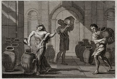 Biblia de Royaumont, Antiguo Testamento: Milagro de Eliseo. Una viuda atormentada por sus acreedores, usando la caridad de Eliseo, este Profeta le ordenó pedir prestados muchos recipientes a sus vecinos, los cuales llenó de aceite con un pequeño remanente  de Unknown artist