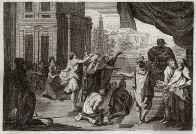 Biblia de Royaumont, Antiguo Testamento: Moisés ante el Faraón. Moisés pide al Faraón que deje ir a los hebreos al desierto para sacrificar al Señor. Ilustración de 1811. de Unknown artist