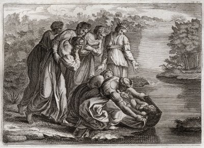 Biblia de Royaumont, Antiguo Testamento: Moisés salvado de las aguas. La hija del faraón sacó a Moisés de las aguas del Nilo y lo adoptó como su hijo. Ilustración de 1811. de Unknown artist
