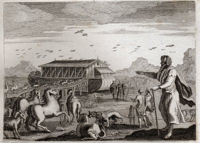 Biblia de Royaumont, Antiguo Testamento: El arca de Noé. Dios, enojado por las transgresiones de los hombres, decide castigarlos con un diluvio; y para salvar a Noé, quien era justo, le ordena construir el arca. Ilustración de 1811. de Unknown artist