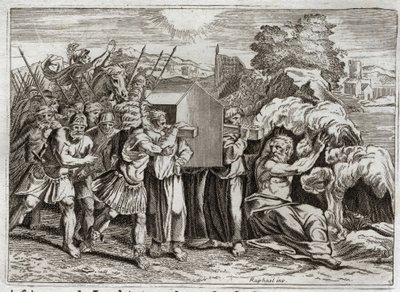 Biblia de Royaumont, Antiguo Testamento: Paso del Jordán. Josué lleva el Jordán a todo el pueblo. Este río se seca, y los sacerdotes que llevaban el arca de la alianza entraron en él; y las aguas se elevaron y permanecieron suspendidas como una montaña. de Unknown artist