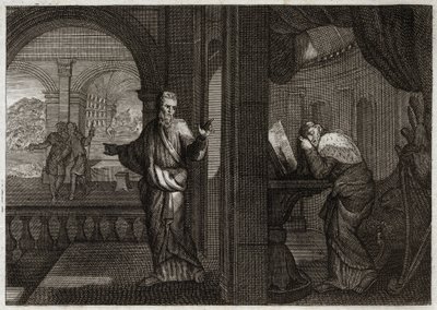 Biblia de Royaumont, Antiguo Testamento: Penitencia de David. Dios envía a su profeta Natán a David para representarle su culpa. El arrepentimiento que este santo rey concibió de ella le hace aceptar todos los males que el profeta le predijo. Ilustración d de Unknown artist