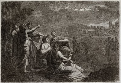 Biblia de Royaumont, Antiguo Testamento: Predicciones sobre Jerusalén. Dios ha levantado armas en el aire sobre Jerusalén, para infligirle los males que iban a caer sobre ella. Ilustración de 1811. de Unknown artist