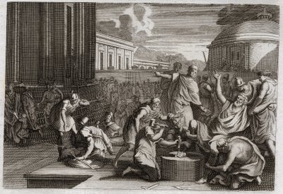 Biblia de Royaumont, Antiguo Testamento: Castigo de Adonibesec. Muerte de Josué. El rey Adonibesec (Adonibesech, Adoni Bezek, Adoni-Bezek) habiendo sido desafiado por los judíos, fue hecho cortar los extremos de sus pies y manos, como él los había cortado, de Unknown artist