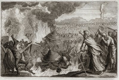 Biblia de Royaumont, Antiguo Testamento: Castigo del Fuego Celestial. Core (Kore), Datán (Datan, Nathan) y Abirón (Abiram) murmurando contra Moisés, y afectando al gobernante Pretrise, son destruidos vivos, y la tierra se abre para devorarlos. Episodio de  de Unknown artist